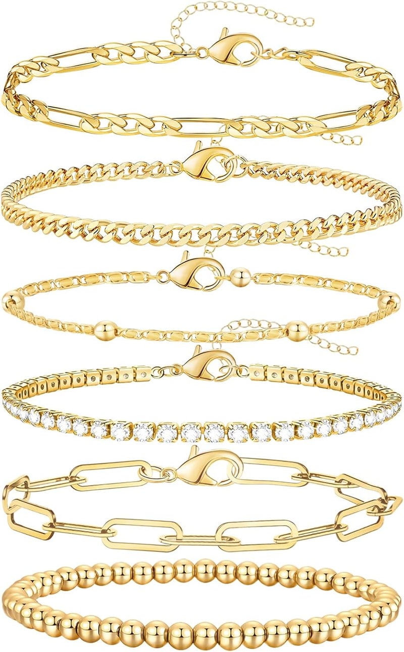adoyi Gold Bracelets for Women, 14K Gold Plated Stackable Bracelet Stack Set Adjustable Charm Paperclip Chain Cuban Link Layered Waterproof Jewelry Sets Gifts for Womens 6.0/6.8/7.2" - Image 1